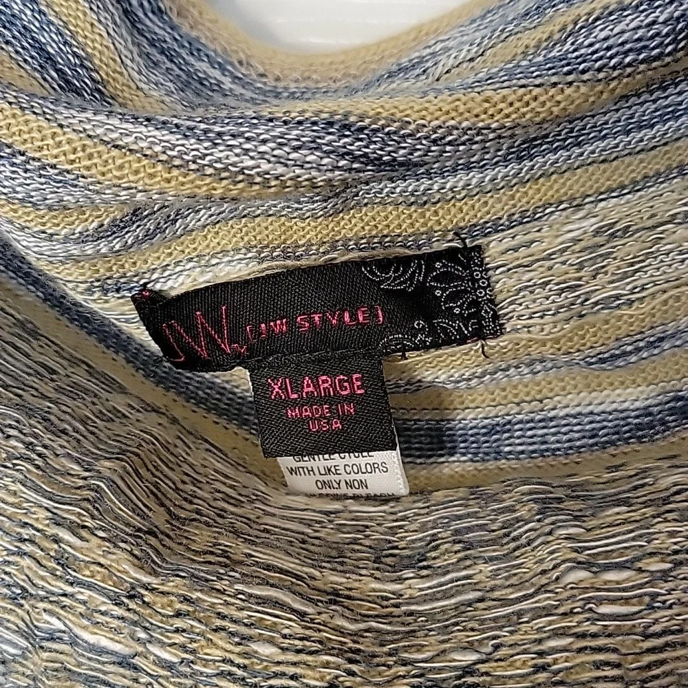 JW Style XL Open Cardigan Sweater Vest Tan Blue White Stripe